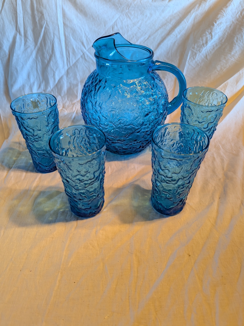 Anchor Hocking Blue Textured Glass Pitcher and 4 Tumblers
